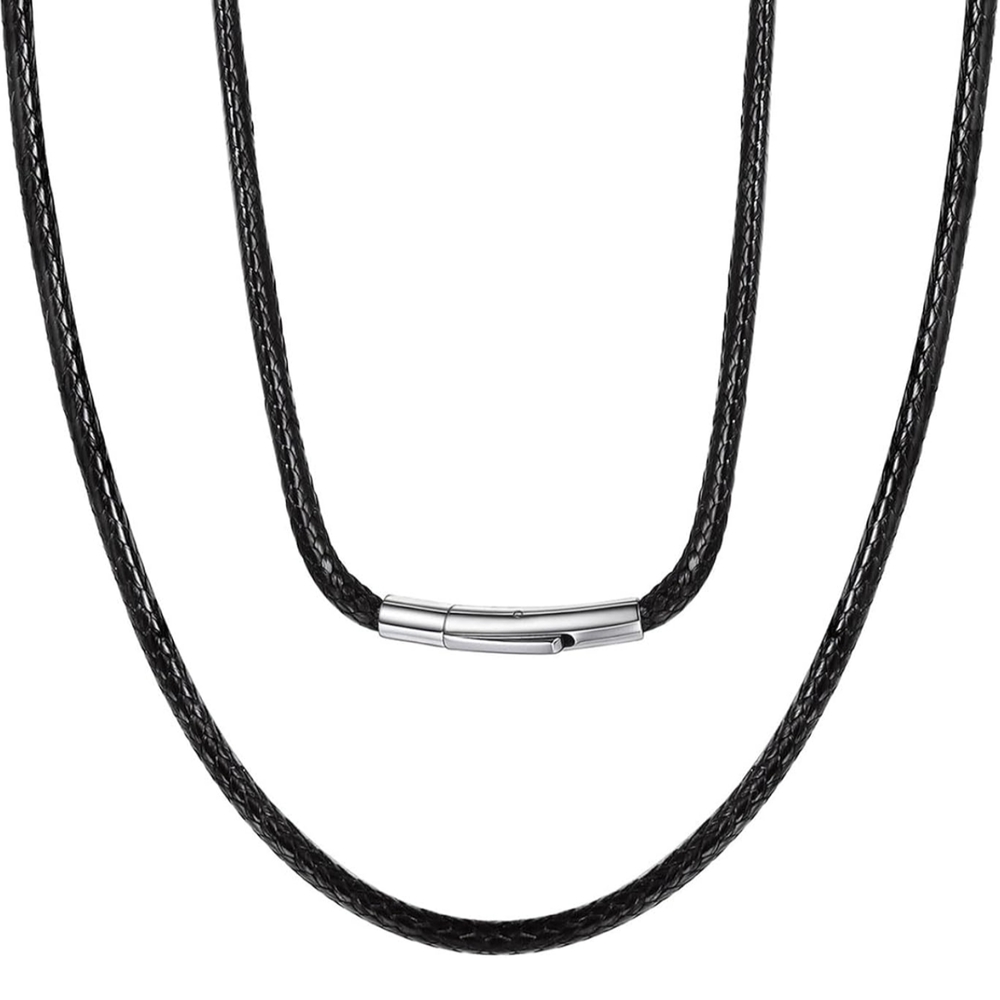 Waterproof Braided Leather Necklace – Black 3mm Rope Chain, 18” w/ Silver Clasp